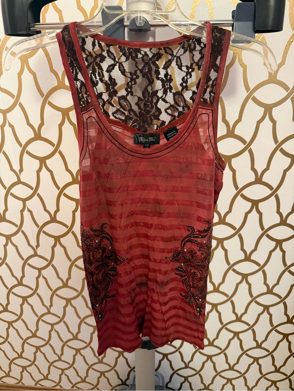 Miss Me Burgundy Lace-Back Embellished Striped Tank